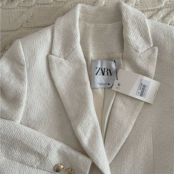 Zara Ecru Textured Coat Jacket With Golden Button - Picture 8 of 10